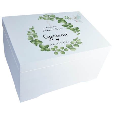 DUŻA BIAŁA PERSONALIZOWANA SKRZYNIA NADRUK UV 40X30 CM KOMUNIA PAMIĄTKA