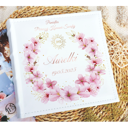 ALBUM NA ZDJĘCIA WSUWANE Z NADRUKIEM UV 200 ZDJĘĆ 10X15 PERSONALIZOWANY PAMIĄTKA KOMUNII RÓŻOWE KWIATY
