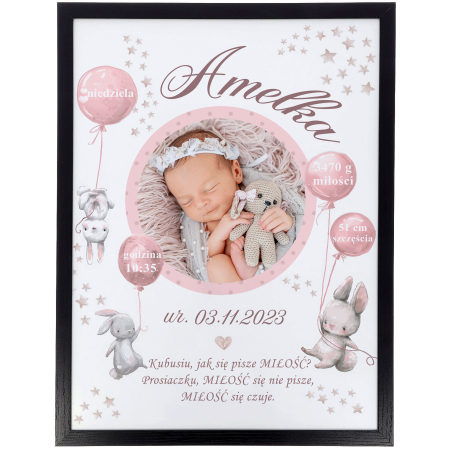 Personalizowany plakat prezent metryczka w ramce 40x30 cm nadruk uv dziecko dziewczynka