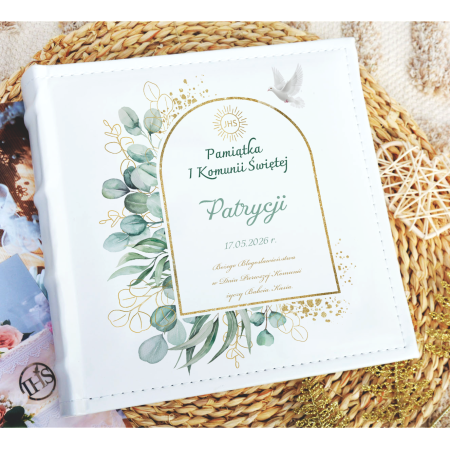 Album na zdjęcia wsuwane  200 zdj 10x15 Pamiątka I Komunii Świętej – wzór z zielonymi liśćmi i gołębicą